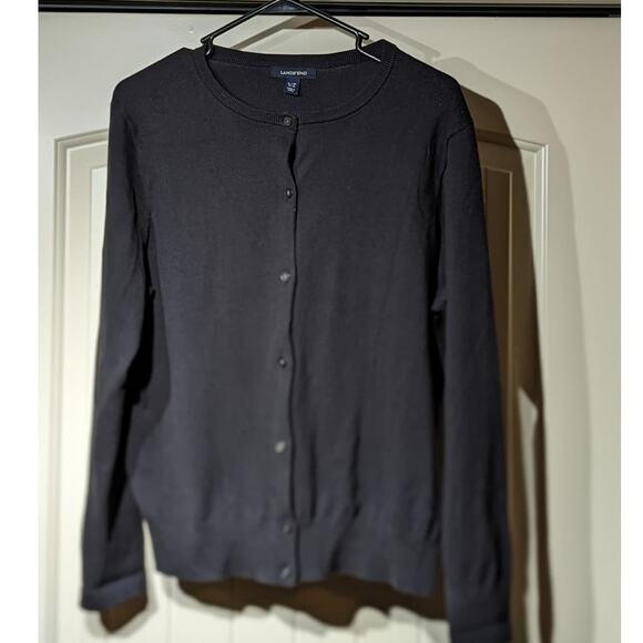 Lands' End Black Closet Staple Button Up Cotton Blend Cardigan Womens Sz L/P - Picture 1 of 10